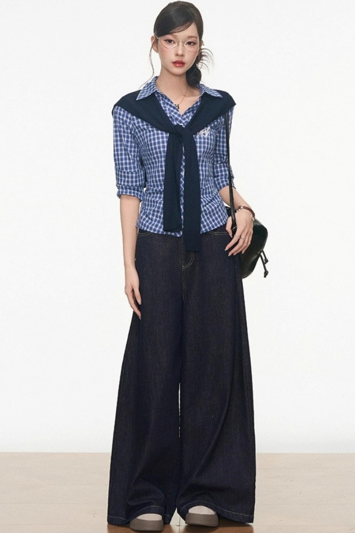 Slim Plaid Shirt & Short Skirt Set-Up