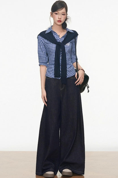 Slim Plaid Shirt & Short Skirt Set-Up