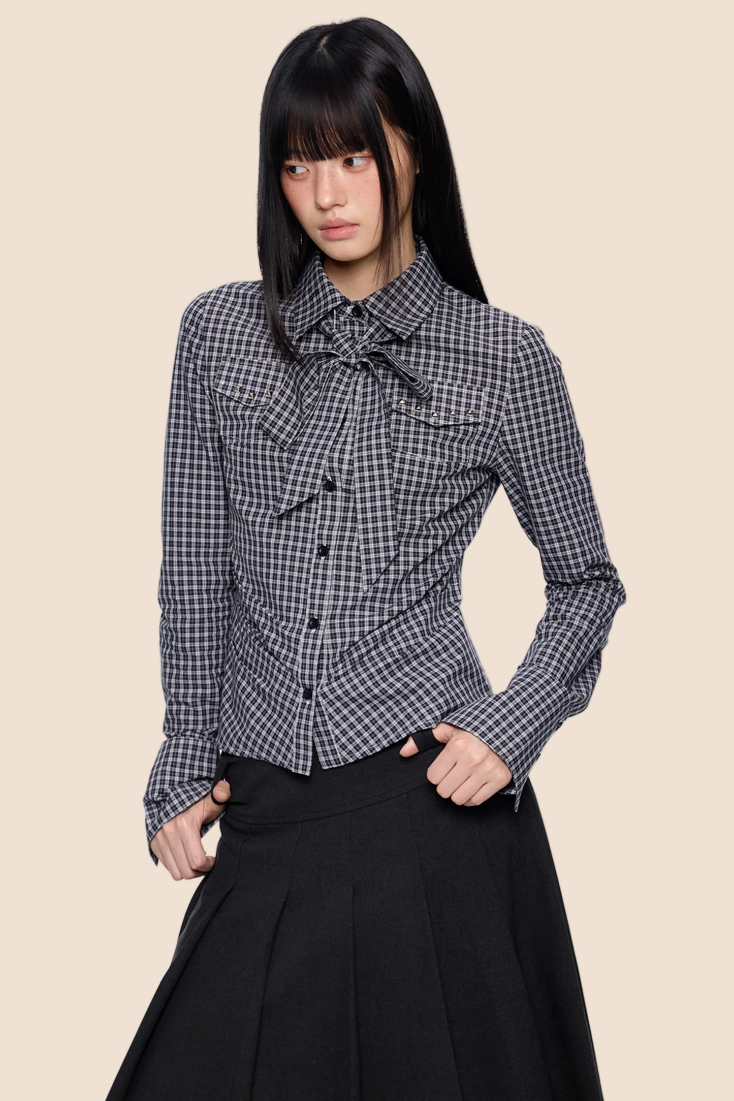Plaid Lace-Up Bow Blouse