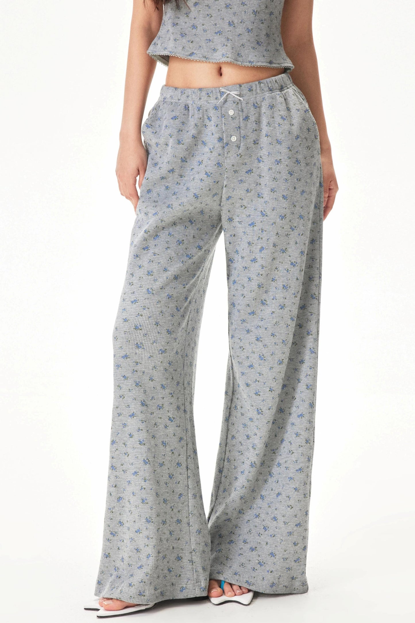 Floral Placket Blouse and Pants Set-Up