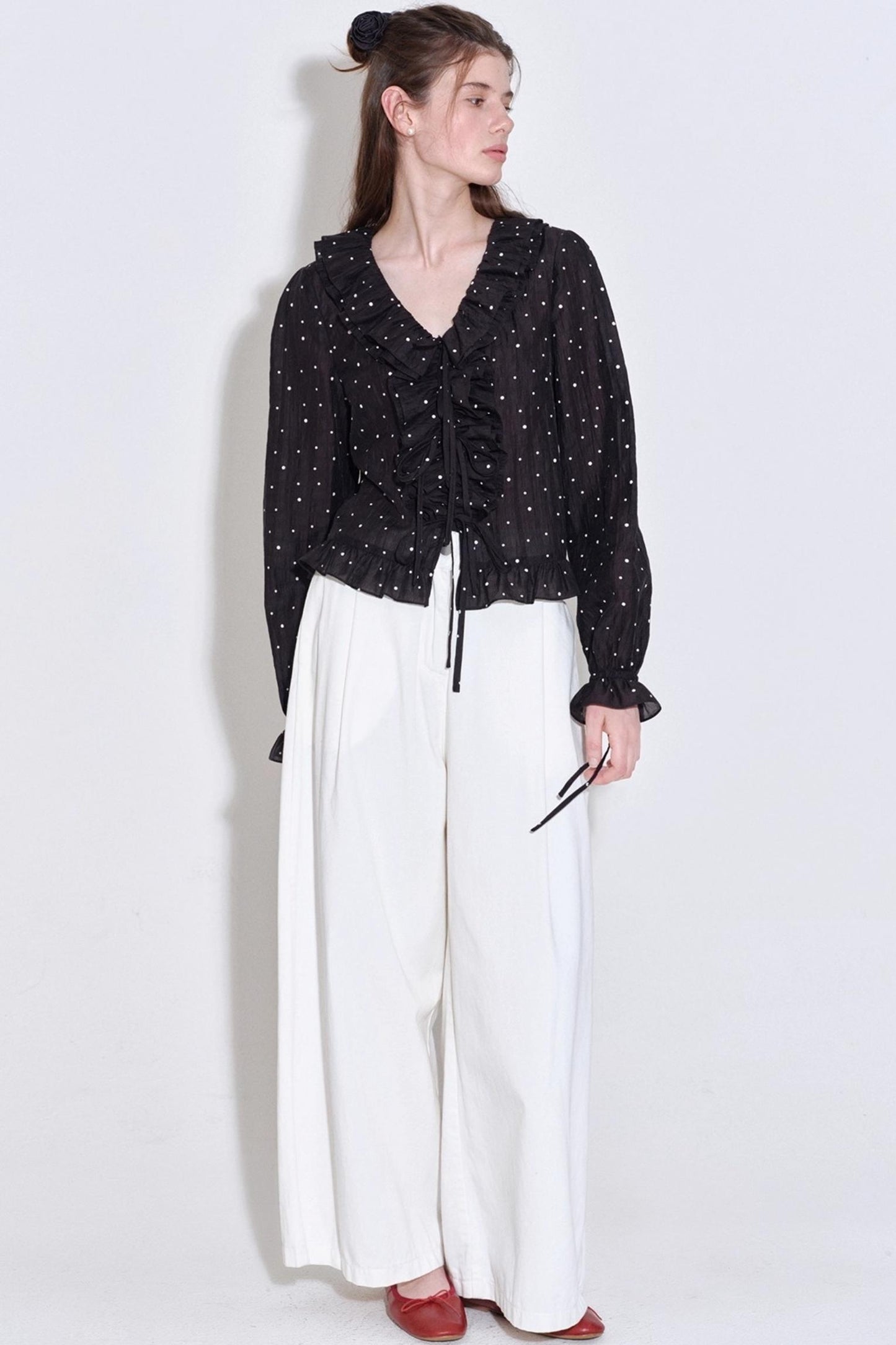 Romantic Ruffled Polka Dot V-Neck Blouse