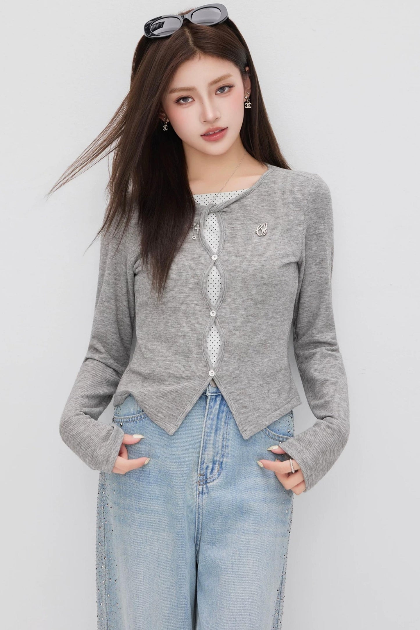 Hollow-Out Polka Dot Blouse Set-Up
