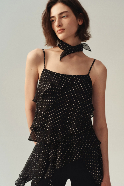 Polka Dot Asymmetric Ruffle Camisole