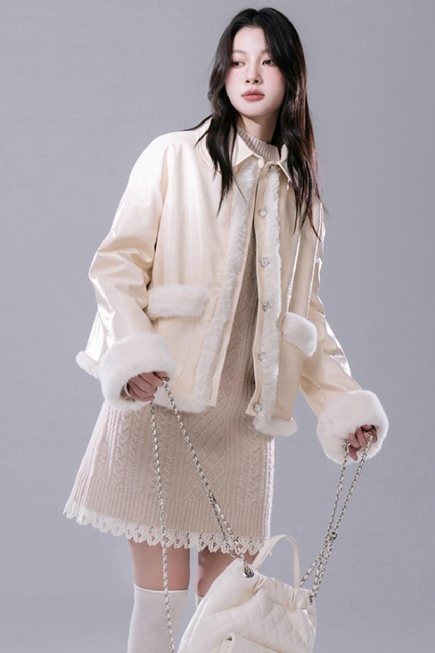 COTRE oak cream wool panelled leather coat