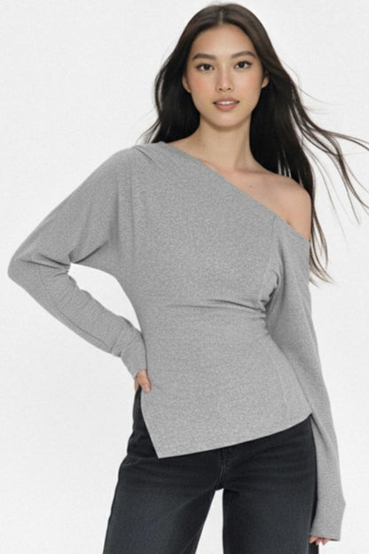 Gray Asymmetrical Shoulder-Cut Top