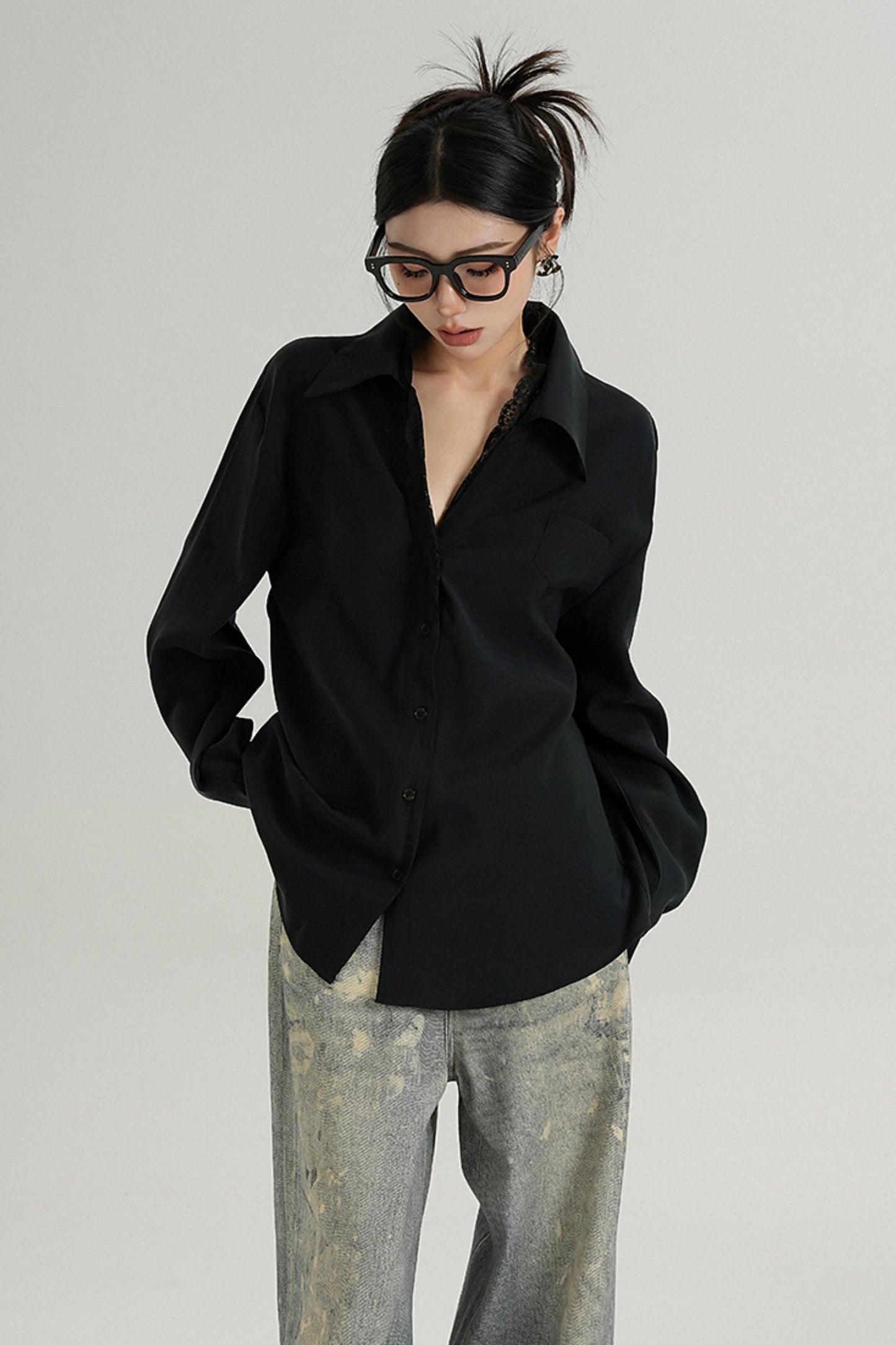 Lapel Solid Color Long Sleeve Shirt