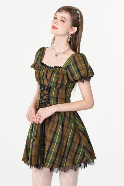 Greenfield Checkered Puff Sleeve Dress