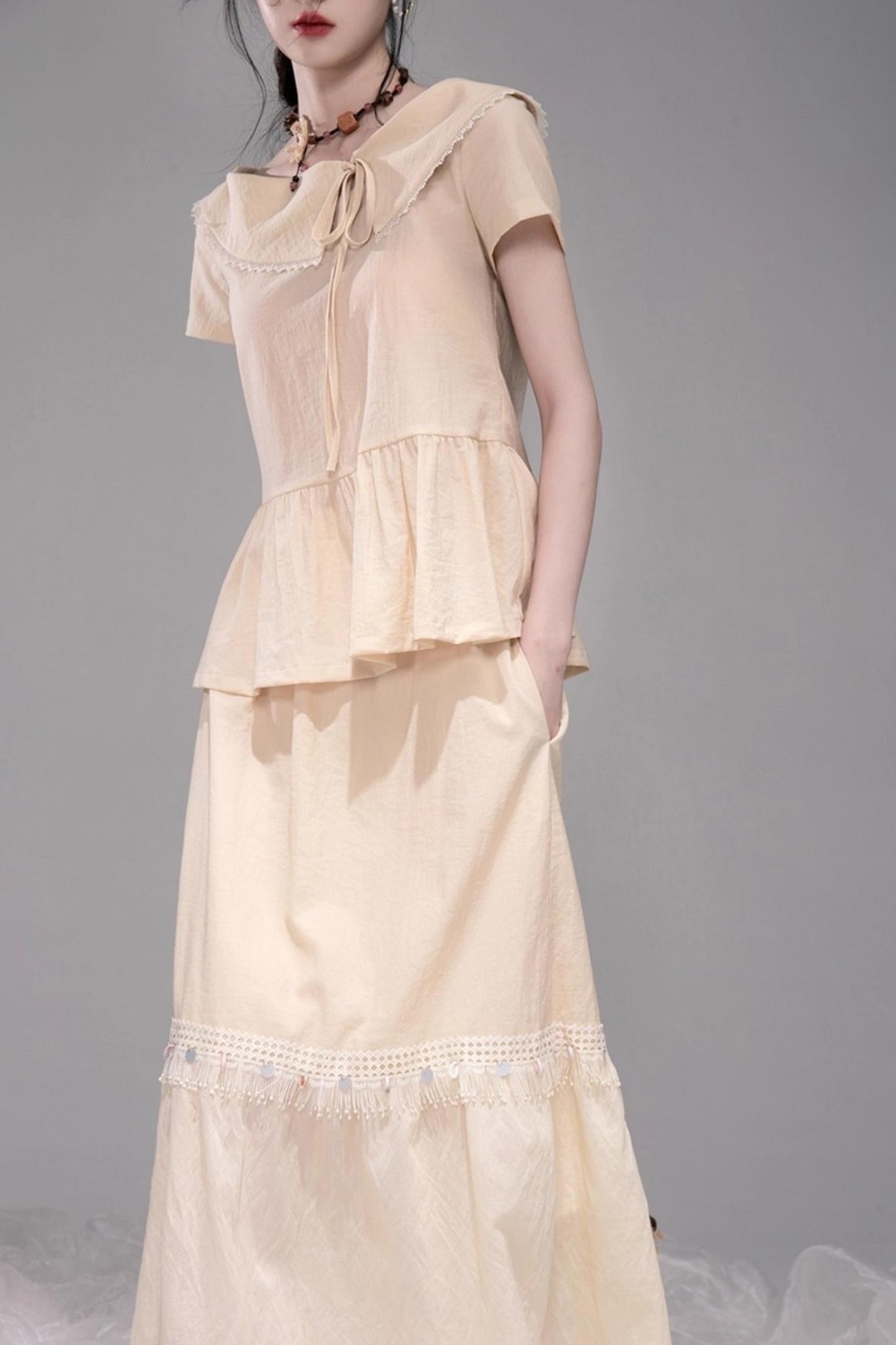 Soft Apricot Wave Layered Skirt Set