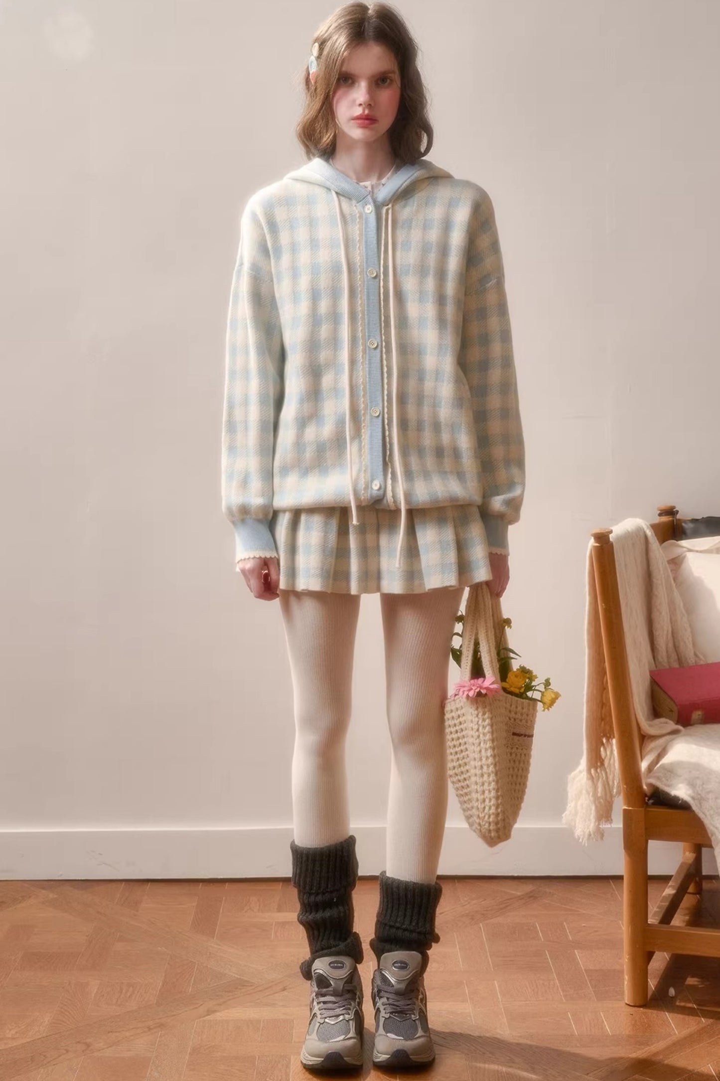 Comfortable Blue Plaid Pleated Jacket Set-Up