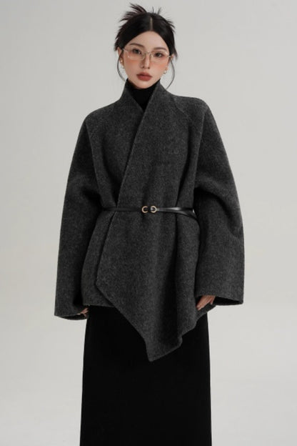 Elegant Lace-Up Woolen Coat