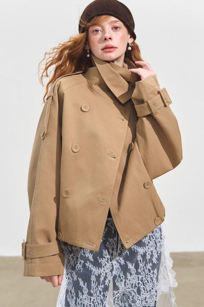 Slanted Stand-Up Collar Cropped Trench Coat