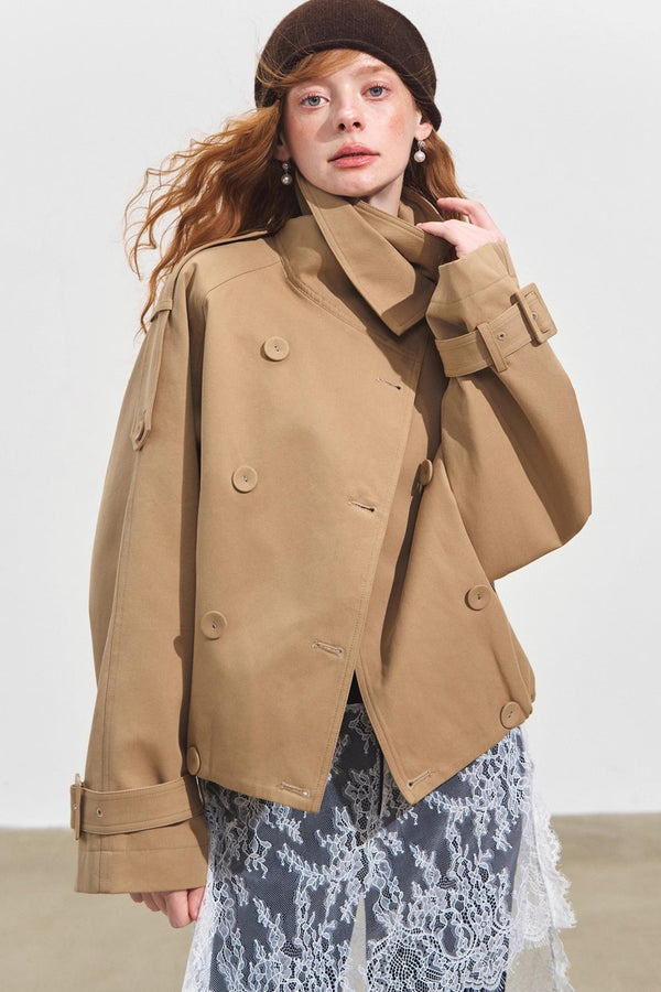 Slanted Stand-Up Collar Cropped Trench Coat