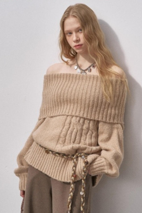 Cable-Knit Wool Off-Shoulder Sweater