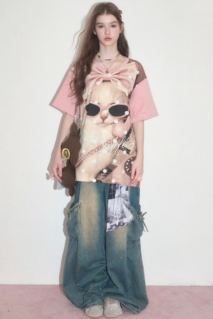 Rosa gepunktetes T-Shirt mit Katzenmotiv