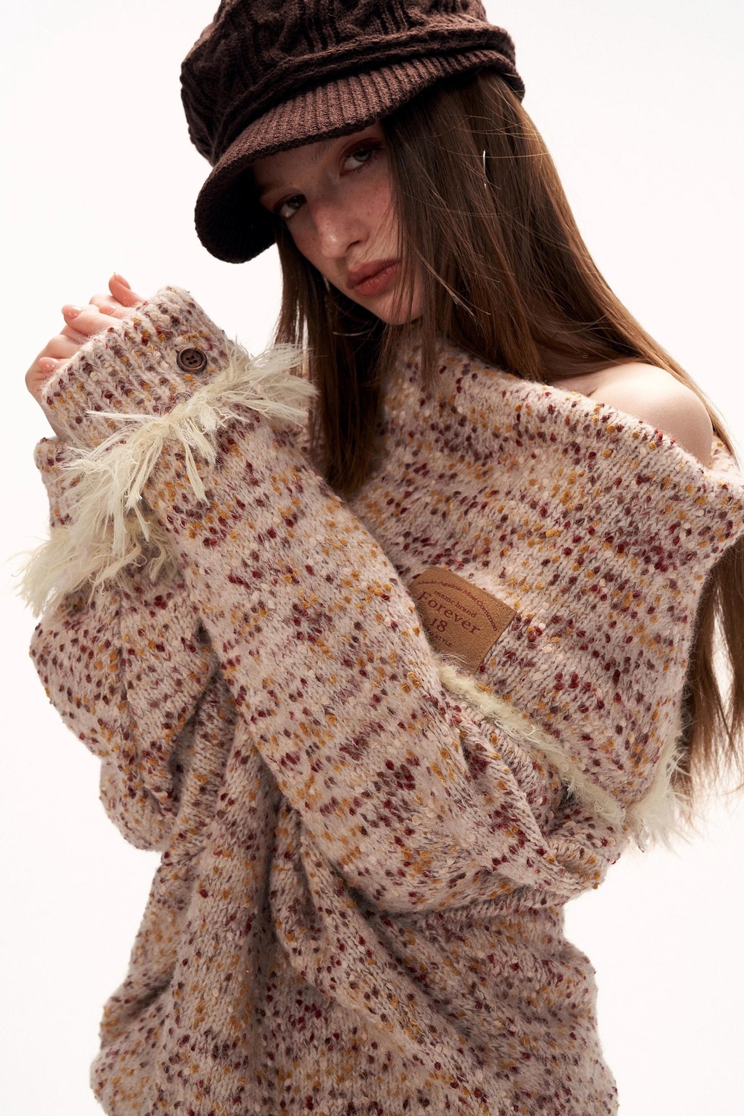 Mixed Yarn Slanted Shoulder Sweater