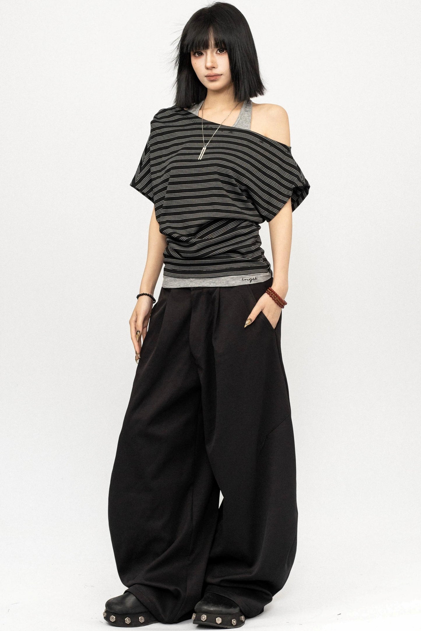 Retro Striped Halter Off-Shoulder Top