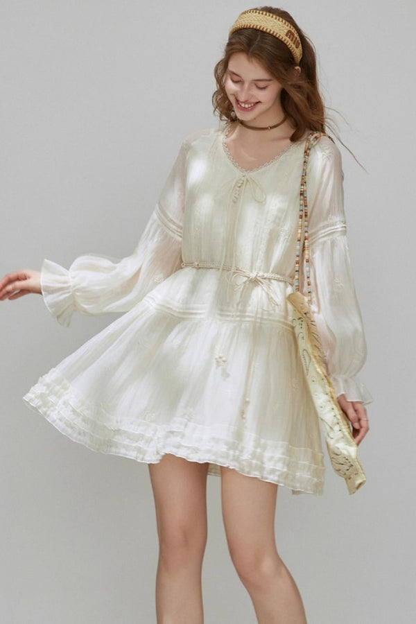 Lyocell Tencel V-Neck A-Line Short Dress