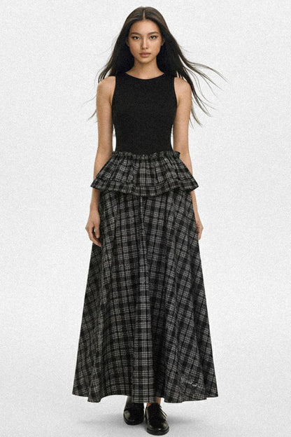Knit Plaid V-Lace A-Line Maxi Dress