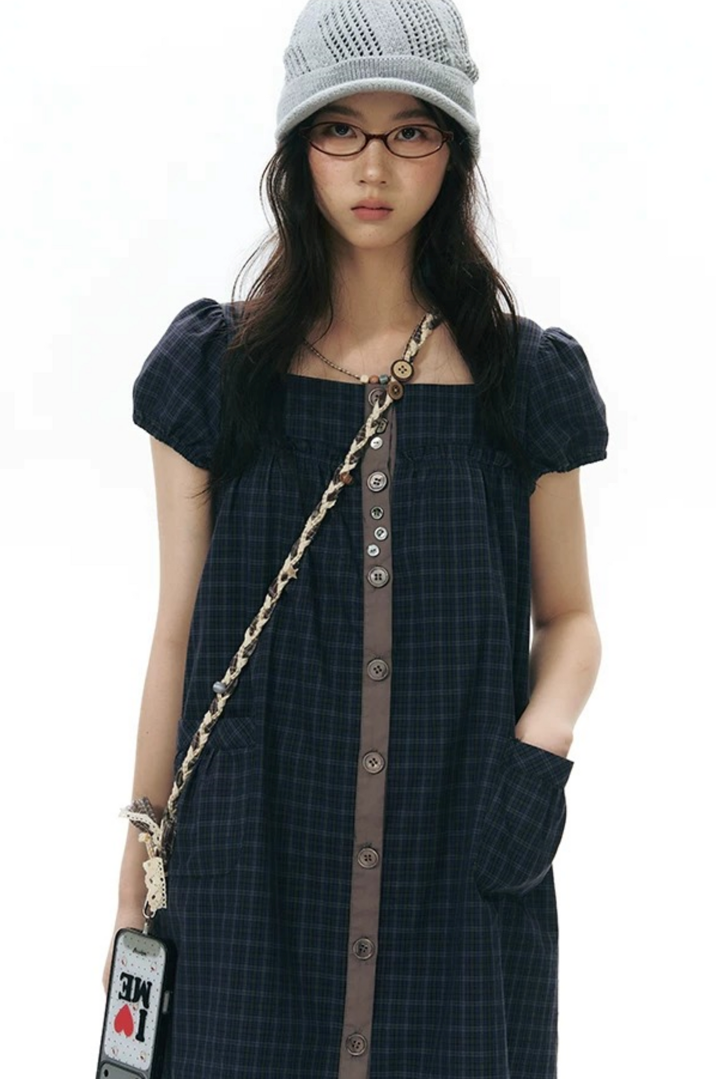Hand-Woven Plaid Button Phone Chain