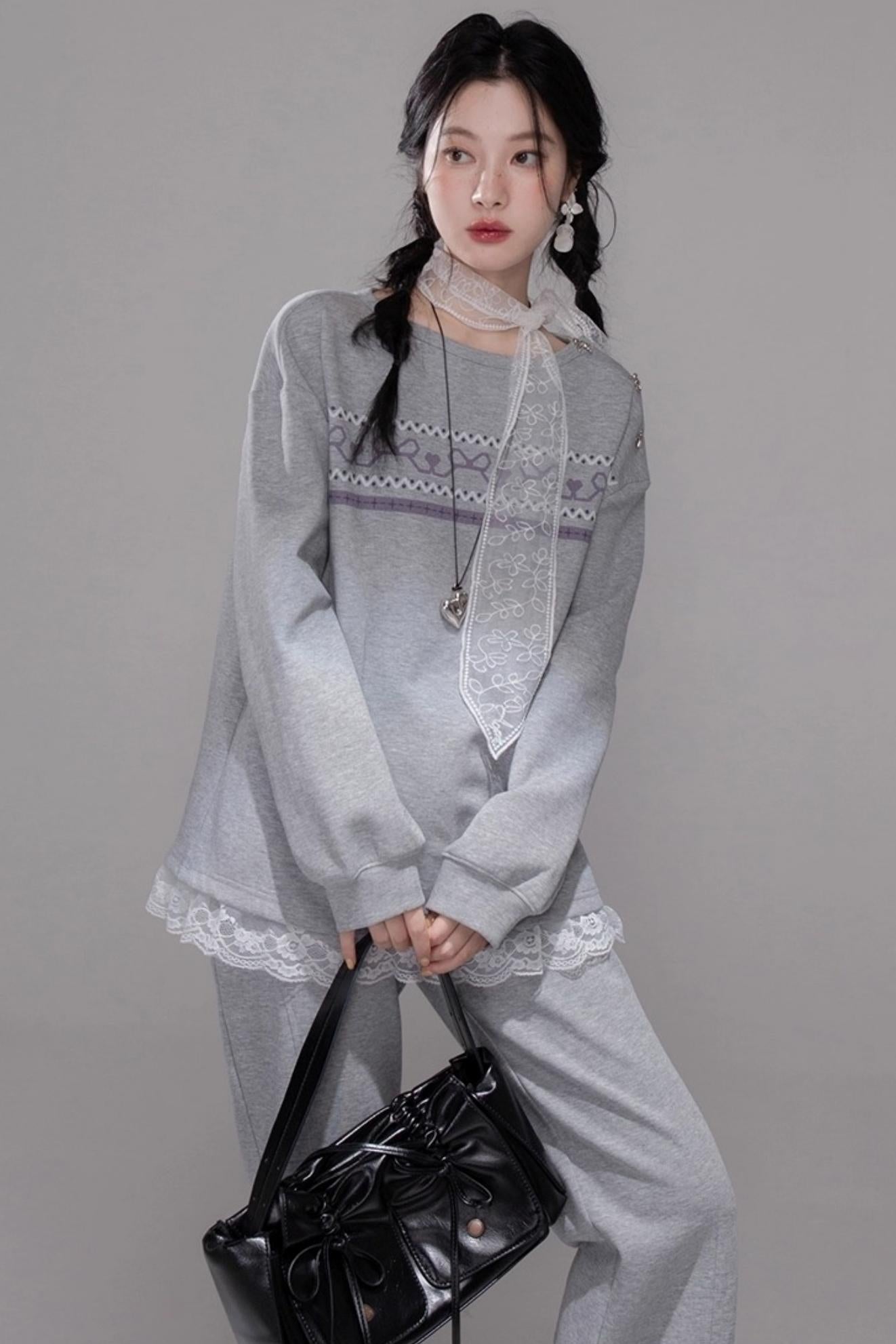 Fair Isle Printed Sweatshirt With Pants Set