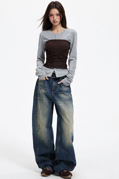 Woolen Layered Slim Knit Strap Bandeau Suit