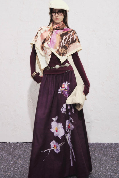 Purple Flower Print Long Skirt