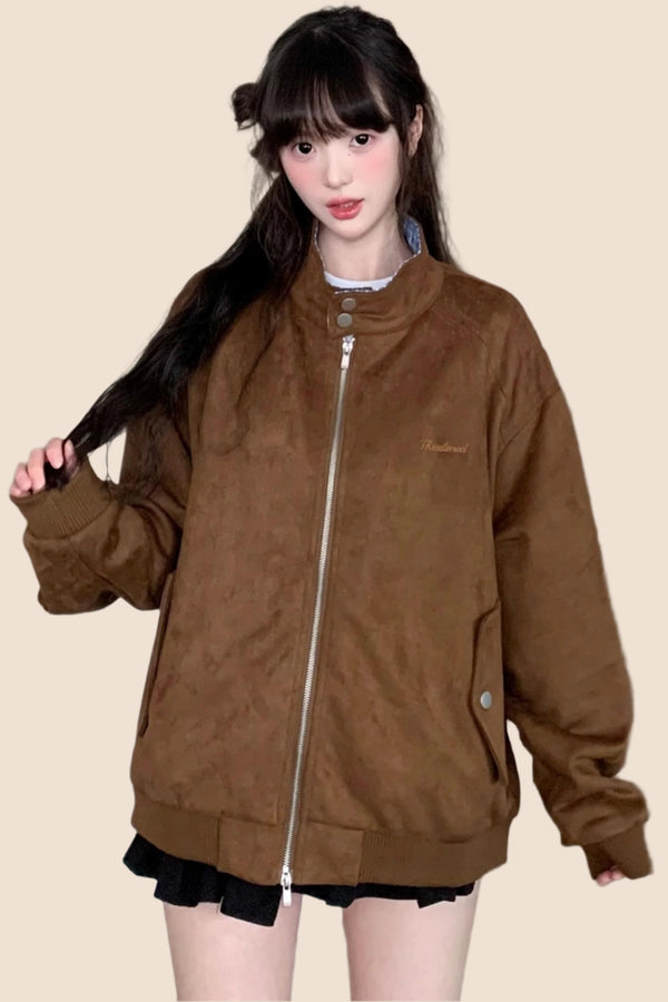 American Vintage Lapel Embroidered Suede Jacket