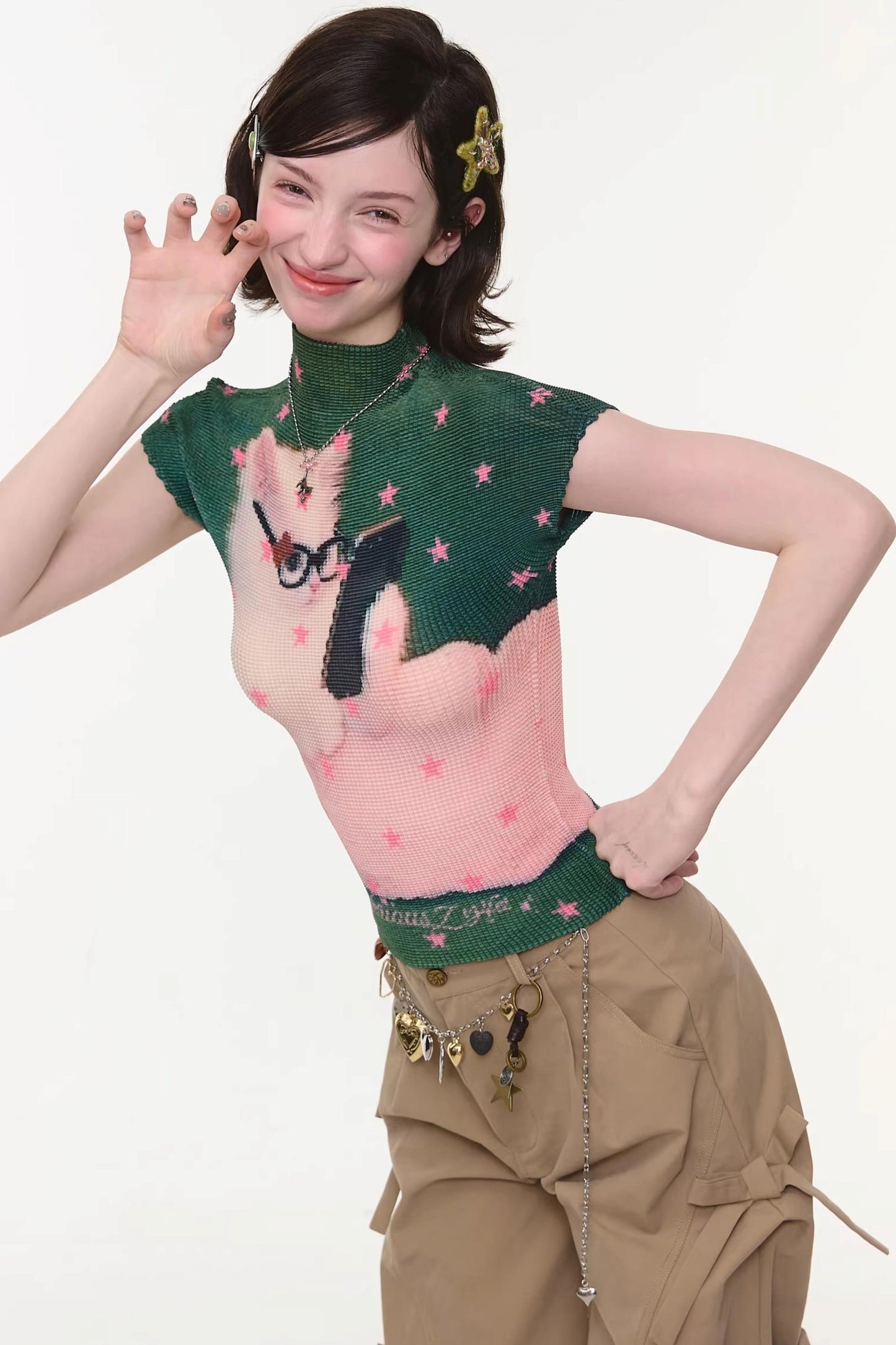 Sweet Pleated Cat Print T-Shirt