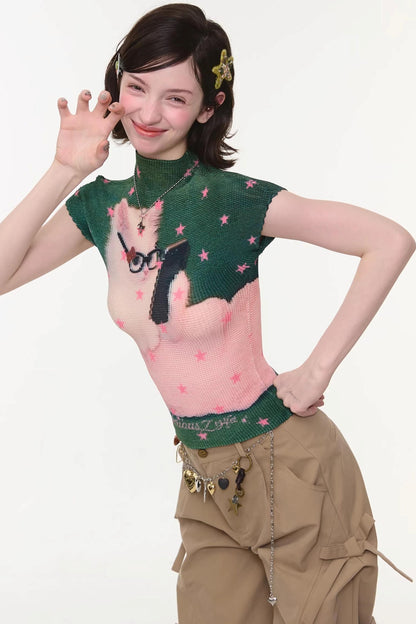 Sweet Pleated Cat Print T-Shirt