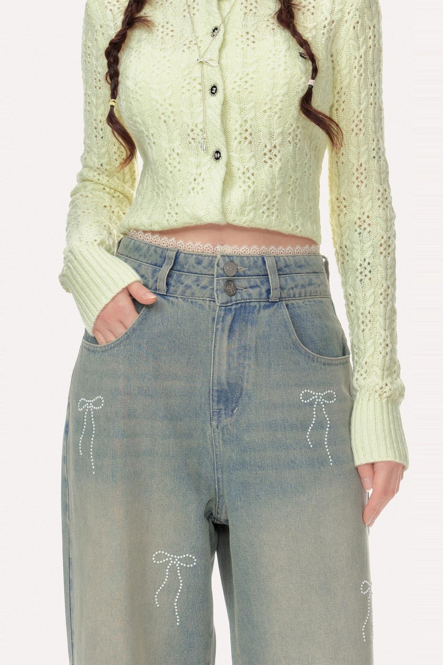 Vintage High-Waisted Diamond Bow Straight Pants