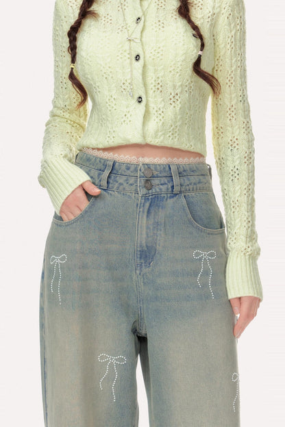 Vintage High-Waisted Diamond Bow Straight Pants