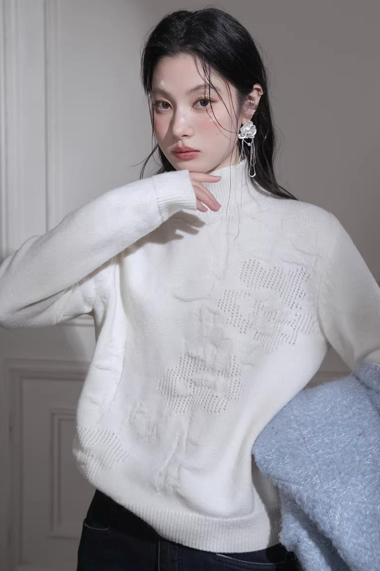 Milky White Floral Wool Sweater
