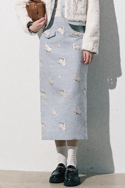 Baby Blue Jacquard Eco Fur Skirt Set-Up