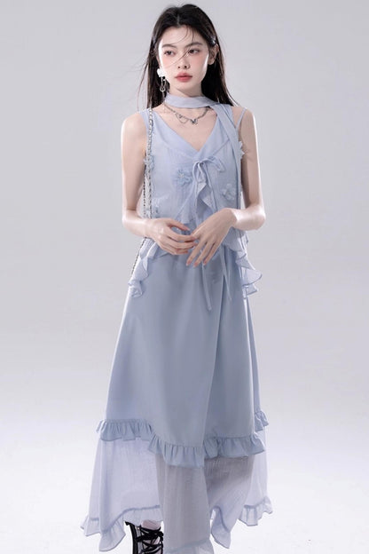 Romantic Blue Flower Cardigan Skirt Set