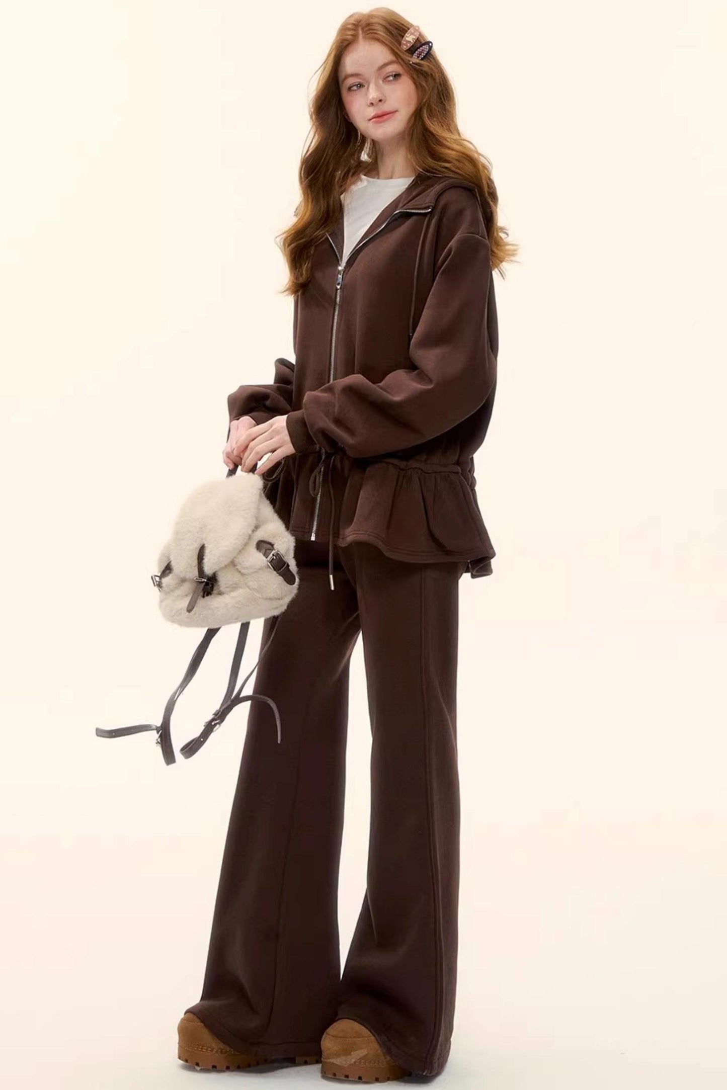 Hooded Drawstring Fleece Jacket Set-Up