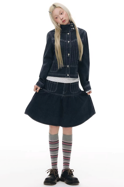 Pleated Denim A-Line Skirt