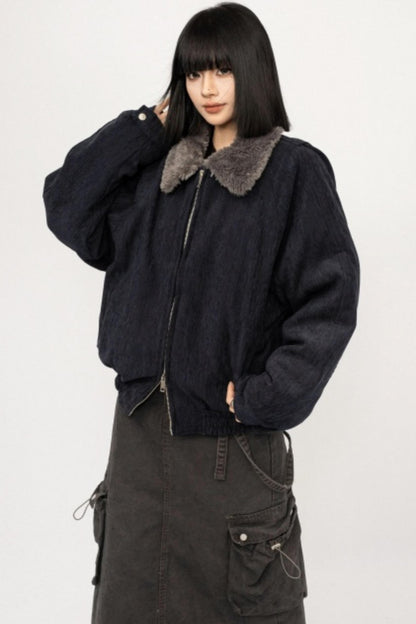 Retro Patchwork Fur Collar Jacket