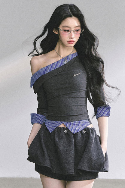 Gray Tone Slanted Shoulder Plaid T-shirt