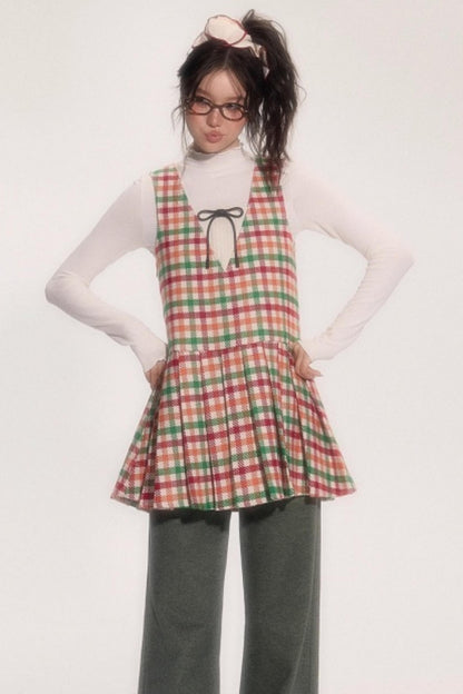 Colorful Plaid Wool Vest Dress