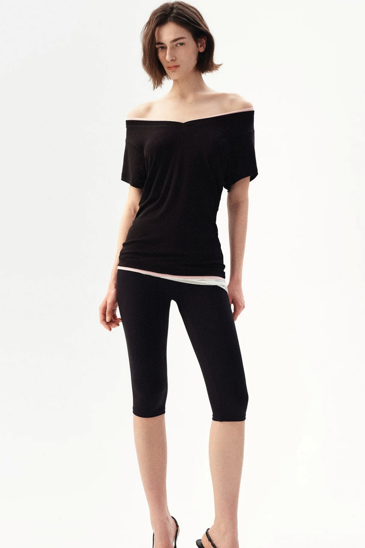 Minimalist Colorblock Deep V-Neck Wool Blend T-Shirt