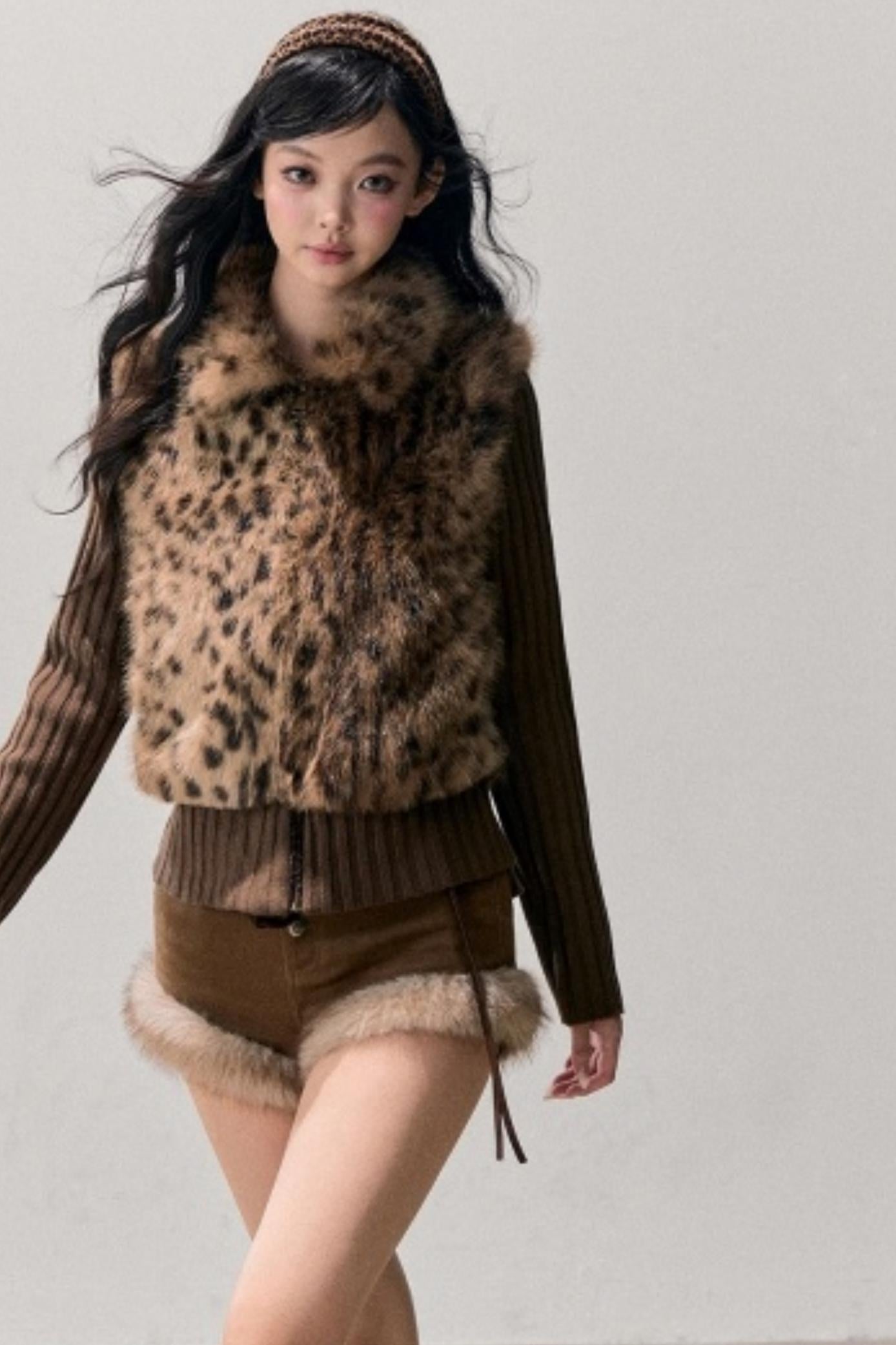 Faux Fur Leopard Knit Jacket