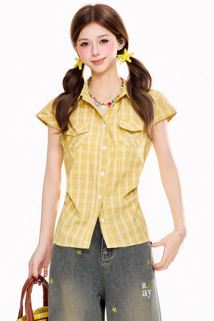 Retro Plaid Waist-Cinching Blouse