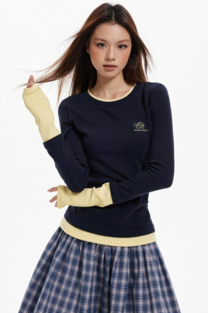 Contrast Fake Two Vintage Long-Sleeve Top