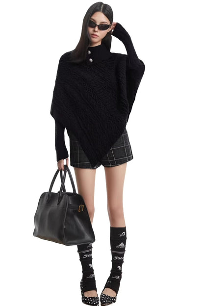 Schwarzer Fledermausärmel-Cape-Pullover