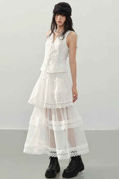 Gonna A-Line In Pizzo Bianco A Balze