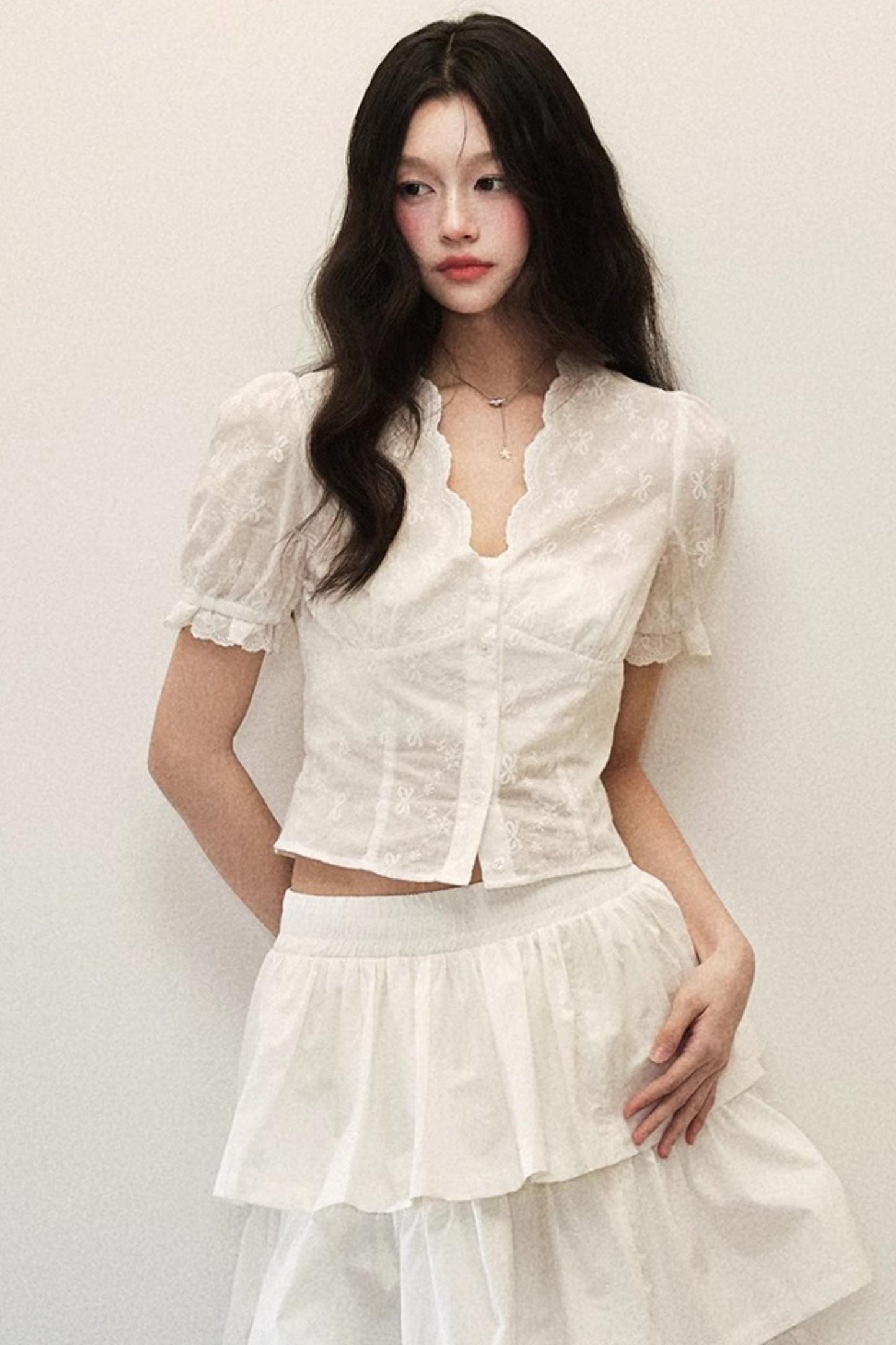 White Tiered Shirt Skirt Set-Up