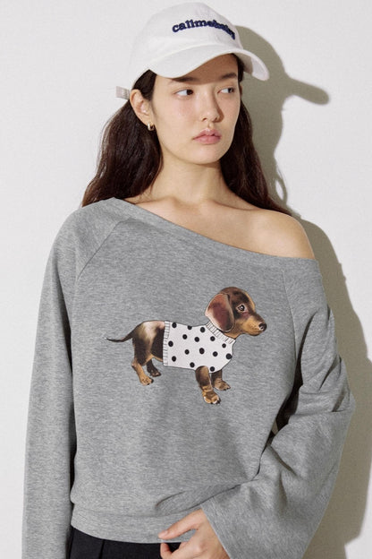 Puppy Print Slanted Shoulder T-shirt