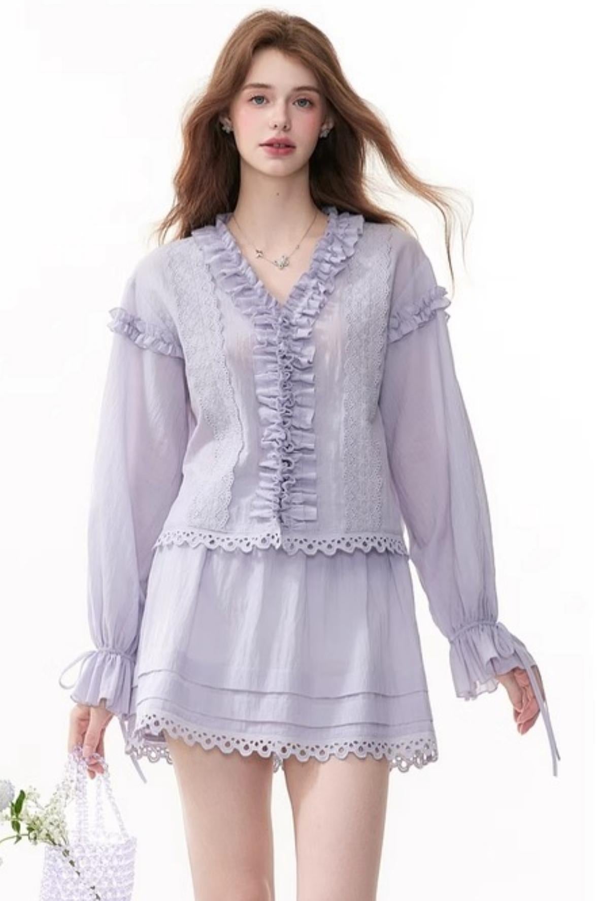 Chic Bubble Sleeve Shirt & Skirt Set-Up