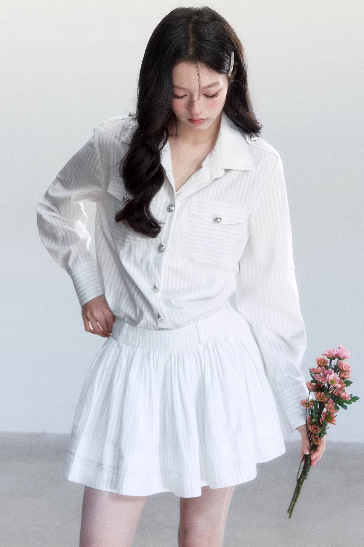 Striped Elegance Shirt Skirt Set-Up