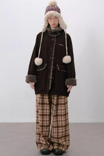 Corduroy Patchwork Fur Collar Jacket
